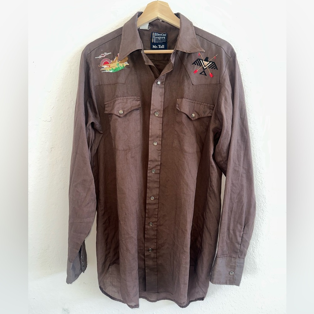 70s Western Mens Embroidered Button-Up Shirt with Pearl Snap Buttons